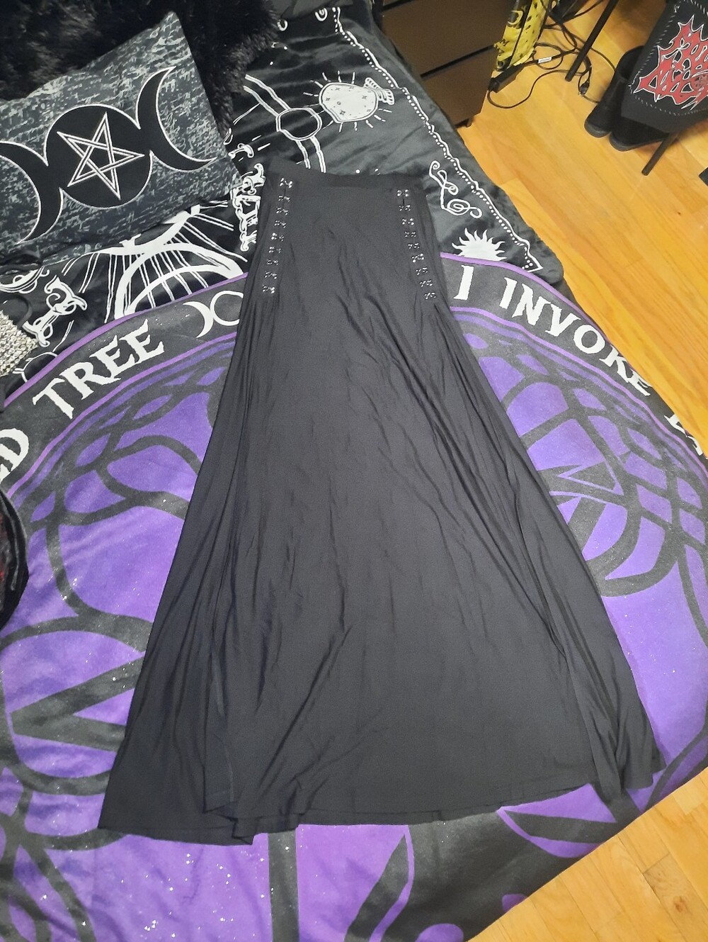 Black Gothic Maxi Skirt with Eyelet Detail - Unbranded